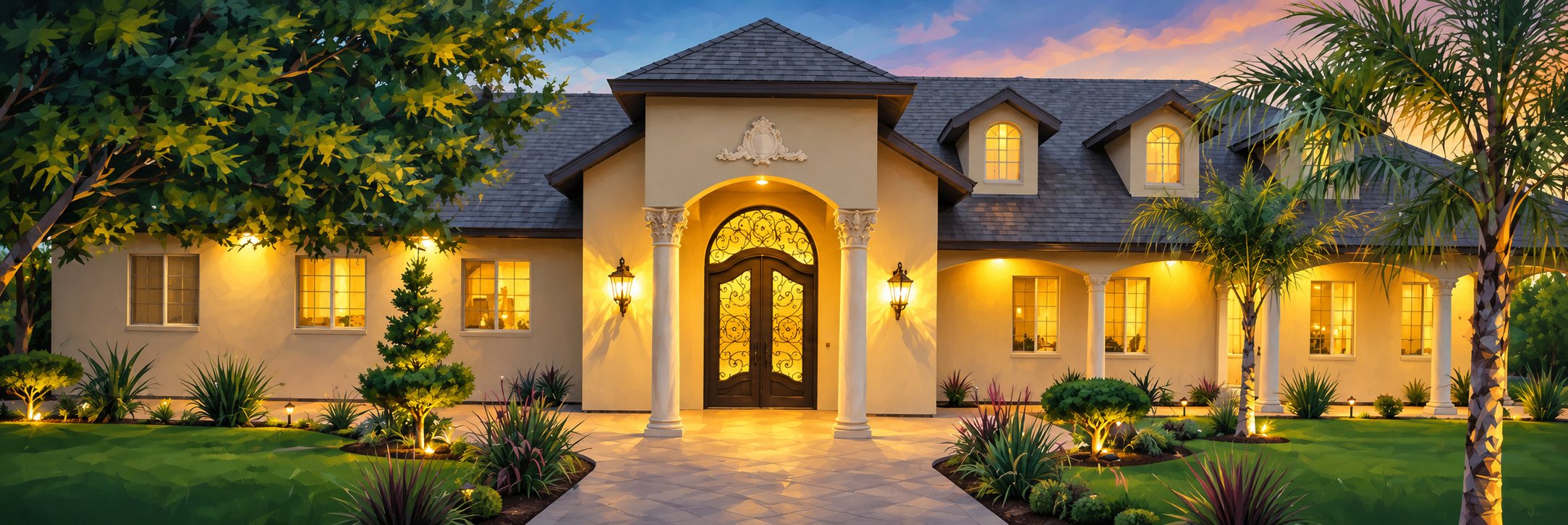 Front entrance of Renaissance Senior Care in Orangevale at dusk